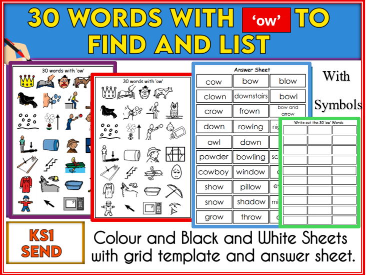 30 Words with 'ow' Activity KS1 and SEND