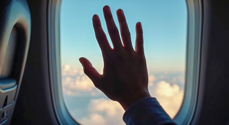 Hand inside plane window
