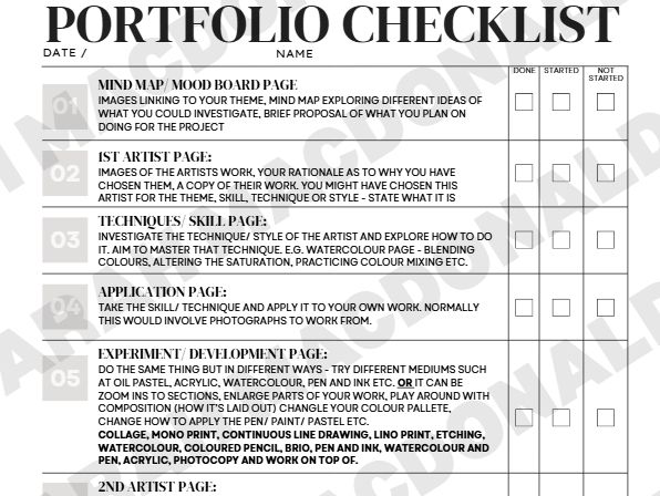 GCSE Art checklist for project, exam, sketchbook or portfolio