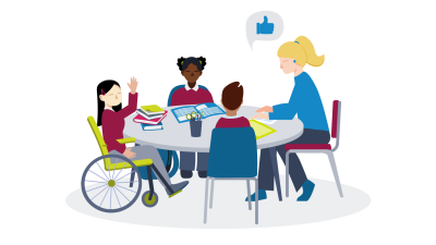 Teacher and students sat around a round table