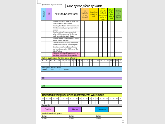 KS3 Art and Design skills assessment sheet