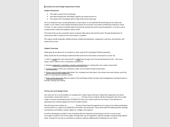 Art and Design Department Vision for Art Education