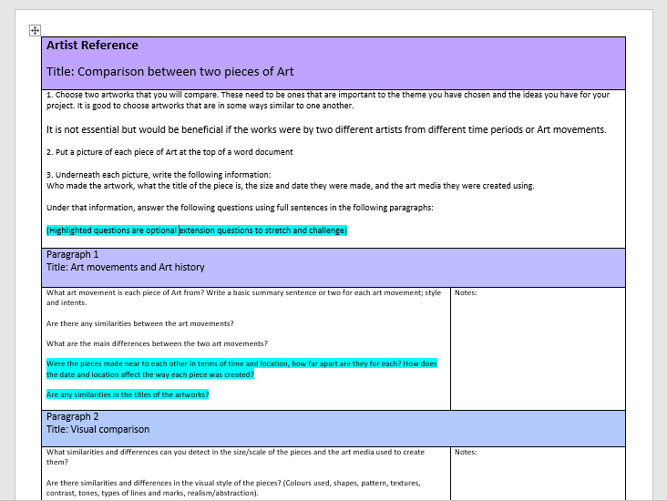 Comparing and contrasting two Artworks sheet for GCSE or A level Art