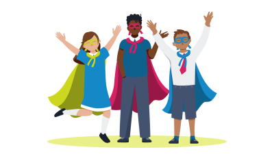 Three students wearing superhero capes