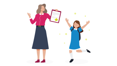 Teacher with clipboard next to a student jumping