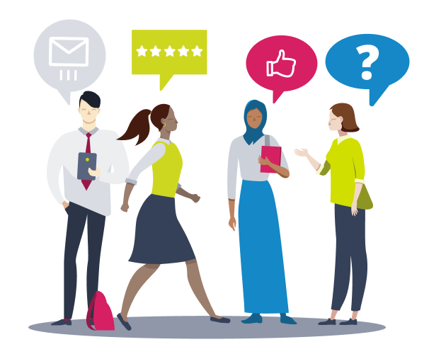 4 people with communication icons above