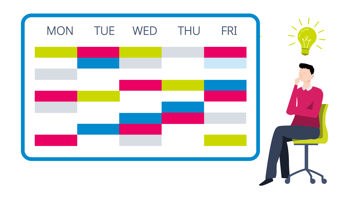 A graphic image showing an educator having the good idea of reviewing their school's timetable