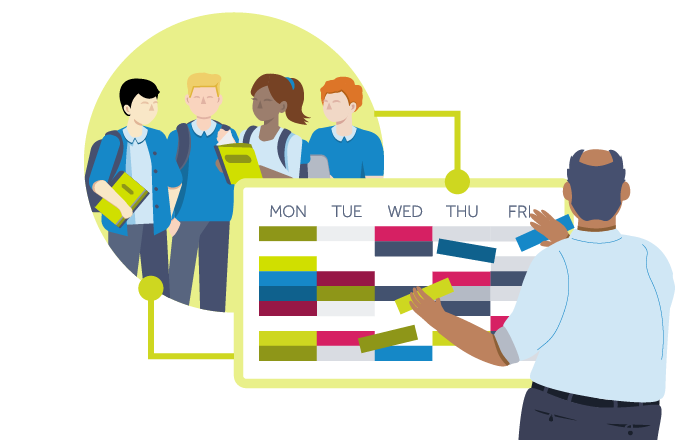 An illustration showing an educator designing a school timetable to boost student engagement
